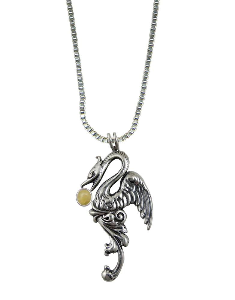 Sterling Silver Medieval Phoenix Sun Bird Pendant With Yellow Aragonite